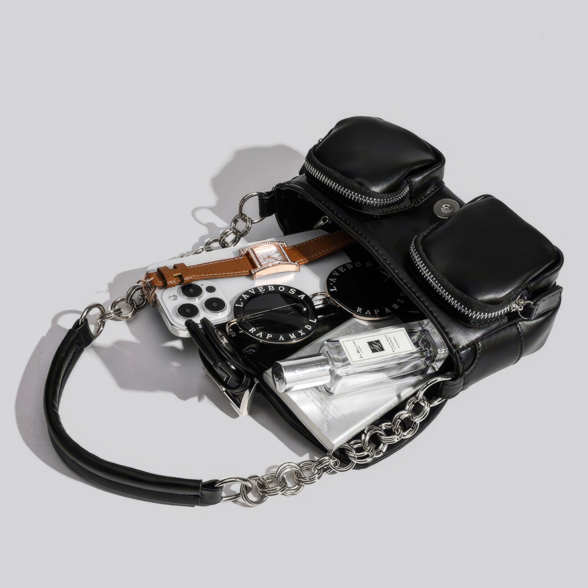 Chain Strap Buckled Pocket Shoulder Bag