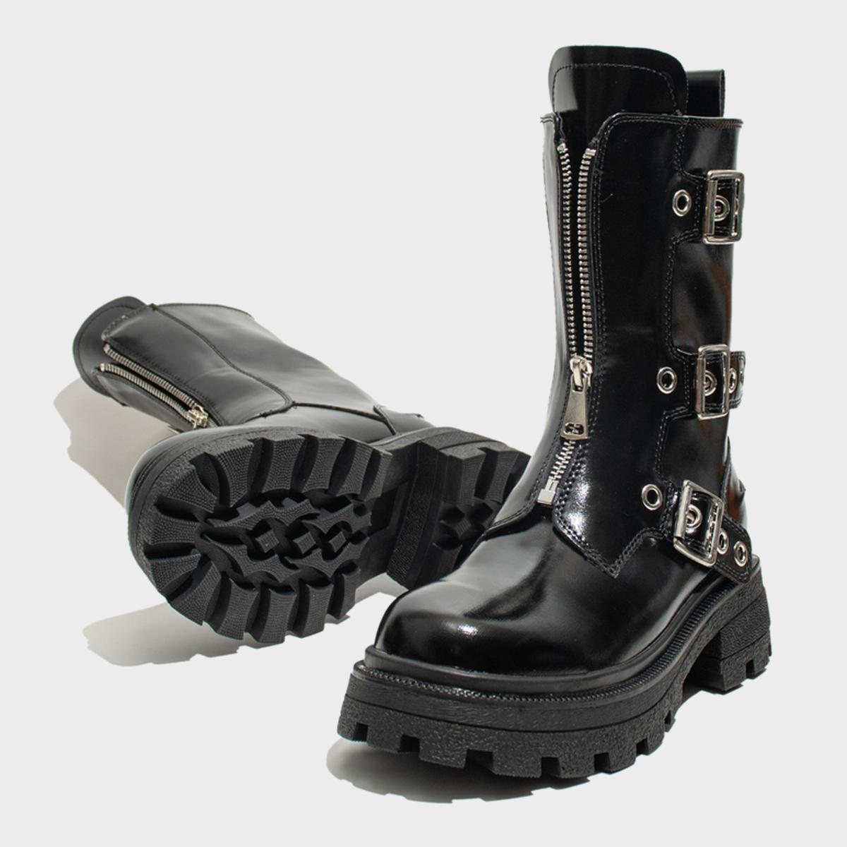 Black Patent Buckle Combat Boots