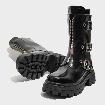 Black Patent Buckle Combat Boots