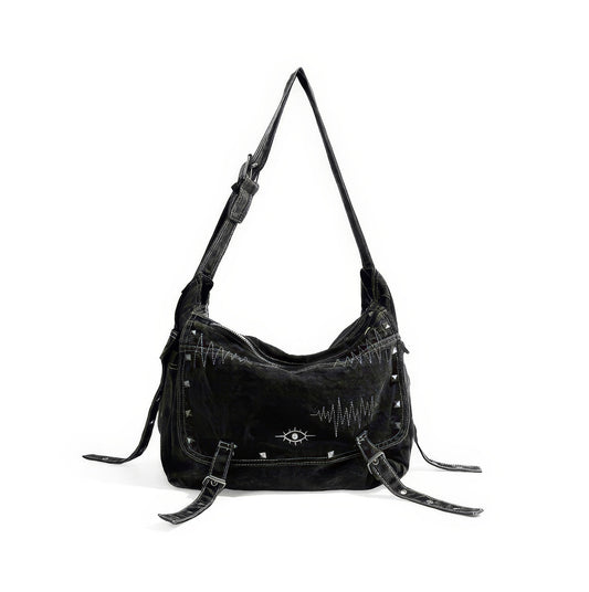 Washed Black Stitch Detail Shoulder Bag