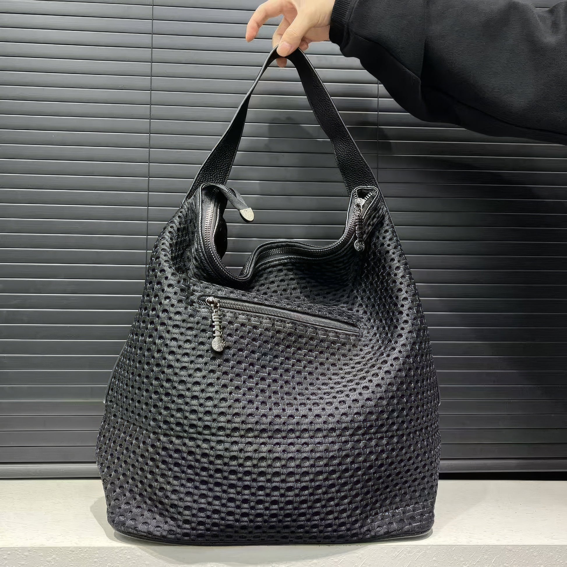 Textured Perforated Stud Shoulder Bag