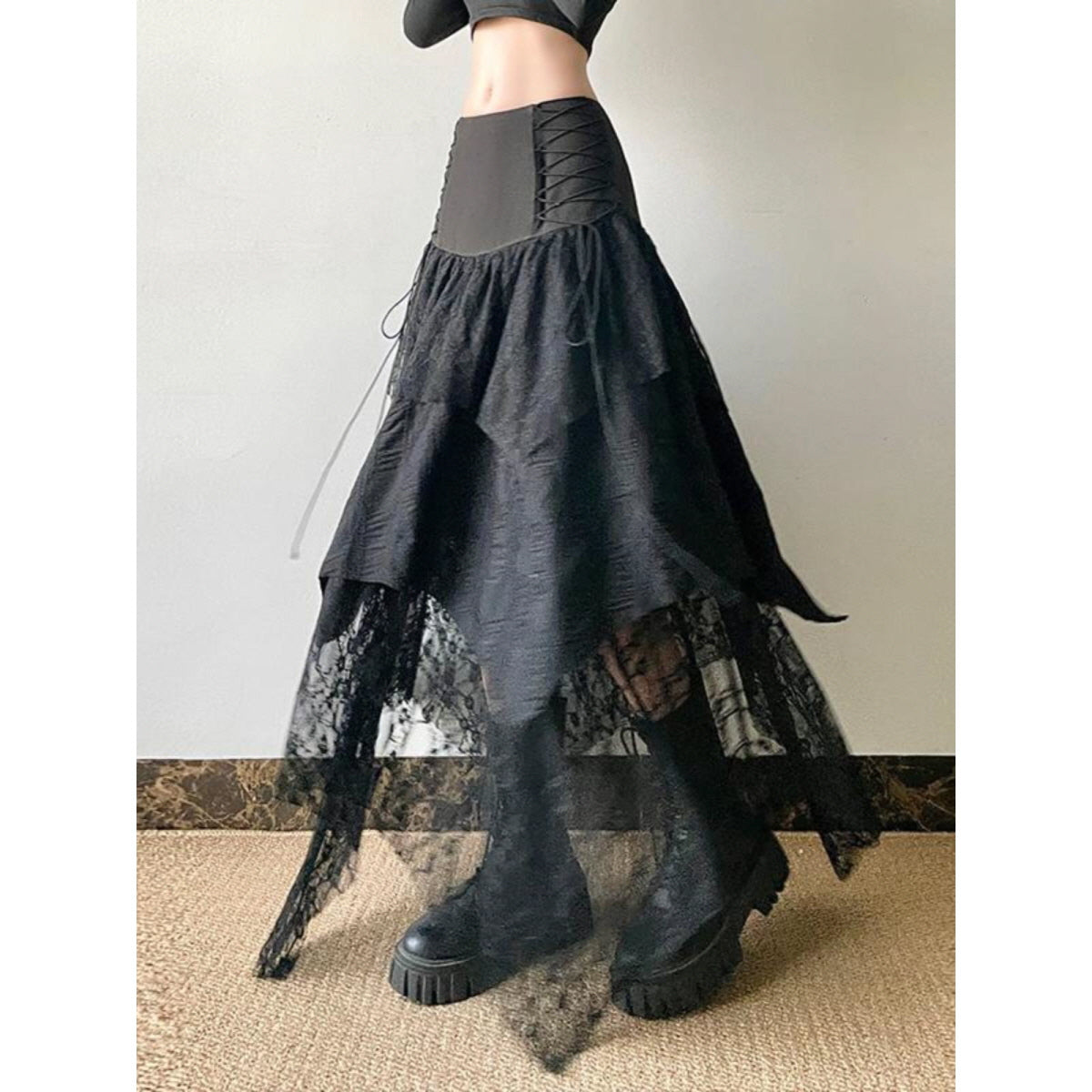 Lace-Up Layered Maxi Skirt