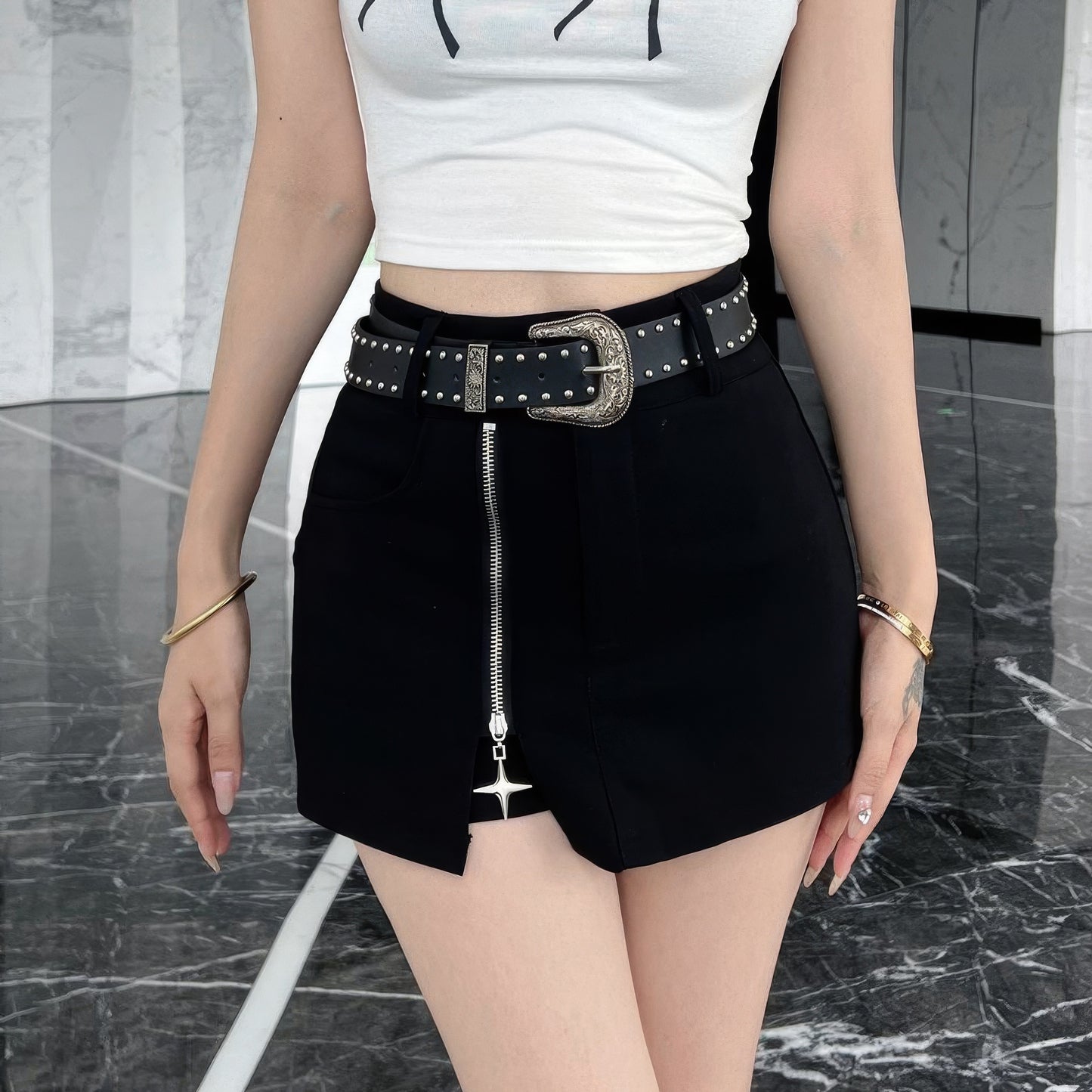 Studded Zip Detail Belted Skort