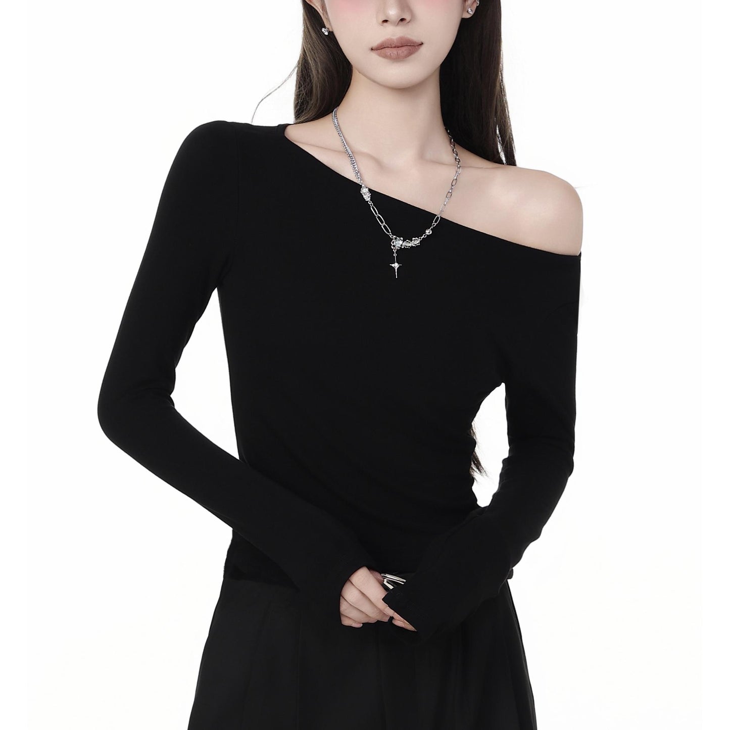 Asymmetrical Off Shoulder Black Top