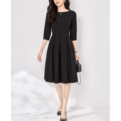 Pleated Waist Black Flare Dress