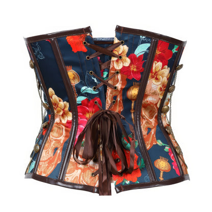Floral Skull Print Buckle Corset Top