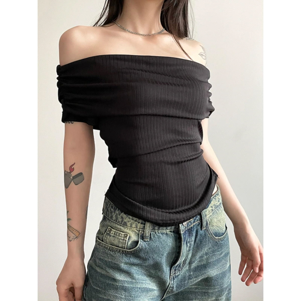 Off-Shoulder Strappy Ribbed Top