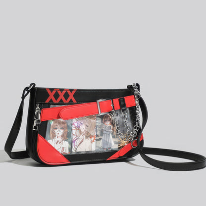 Belt Buckle Chain Detail Vinyl Shoulder Bag