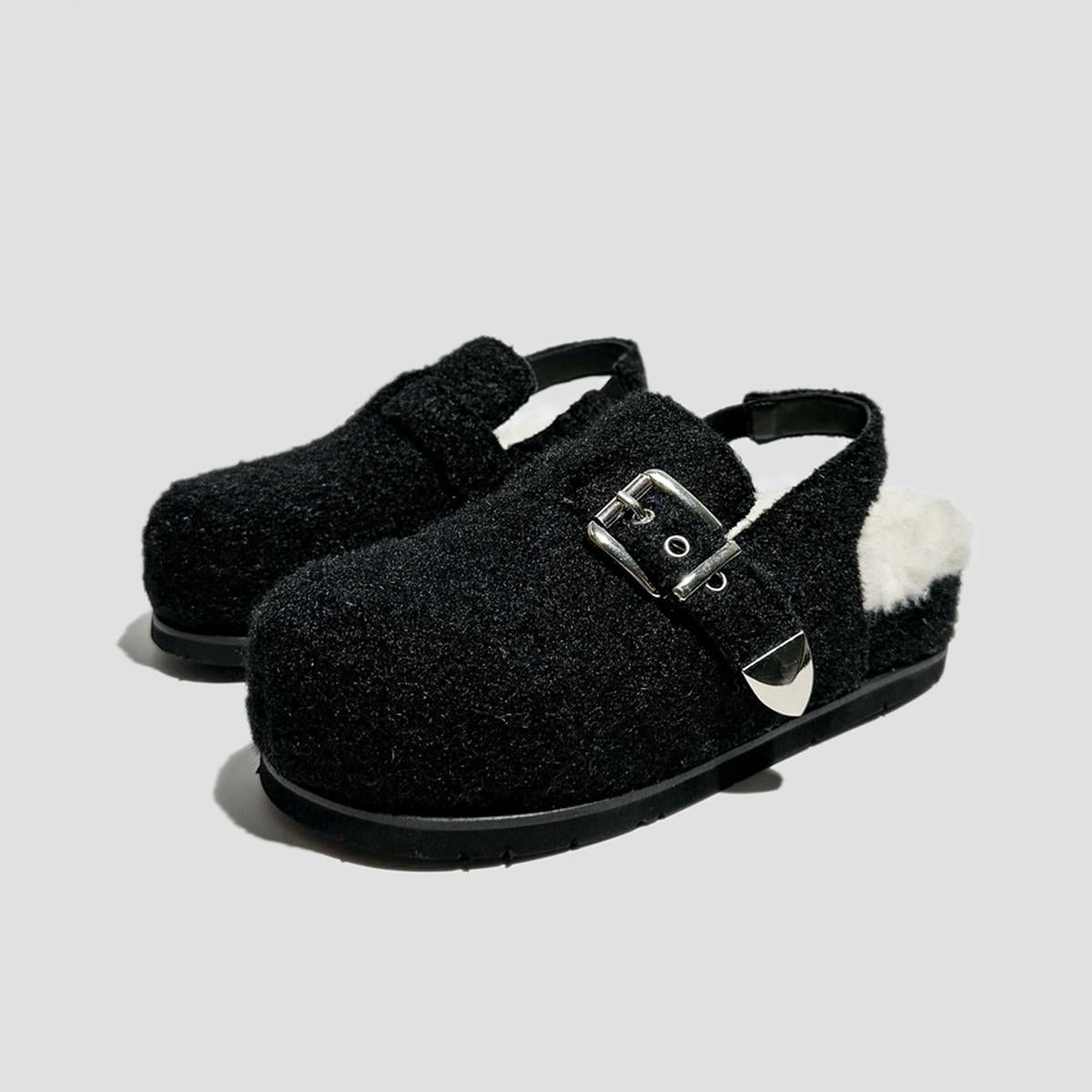 Black Fuzzy Buckle Slingback Clogs