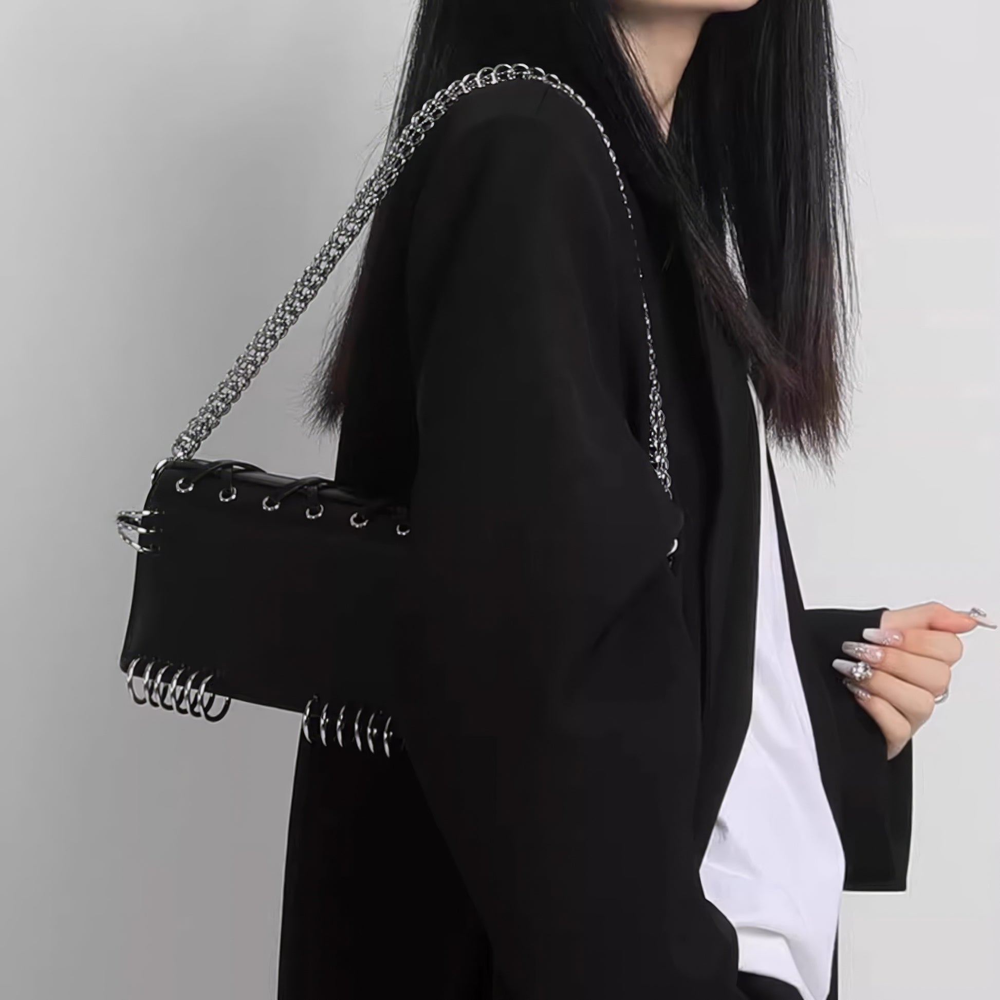 Metal Ring Lace-Up Faux Leather Bag
