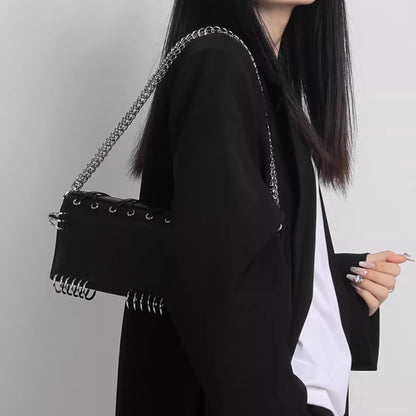 Metal Ring Lace-Up Faux Leather Bag