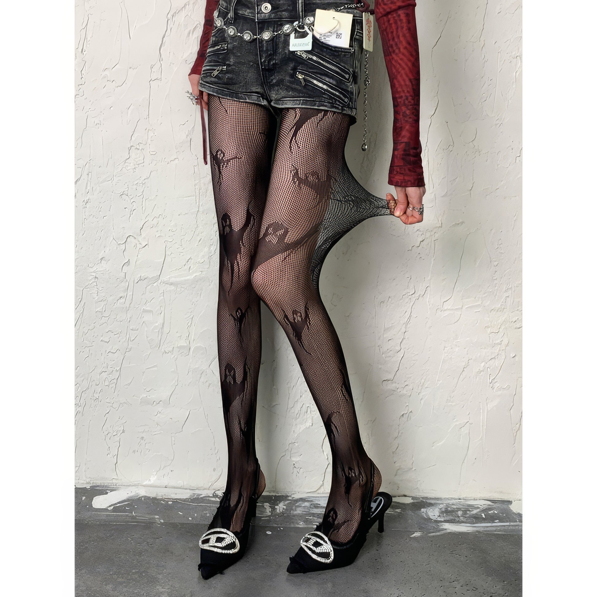 Ghost Motif Mesh Tights