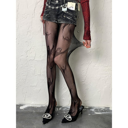 Ghost Motif Mesh Tights