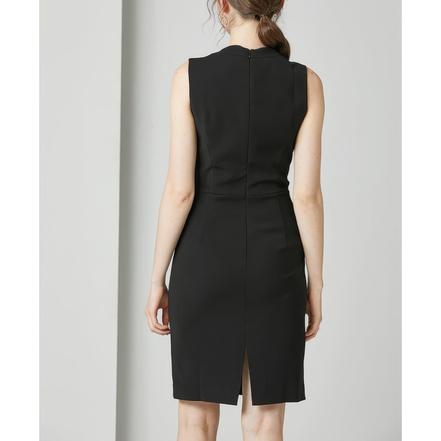 Sleeveless Wrap V-Neck Black Pencil Dress