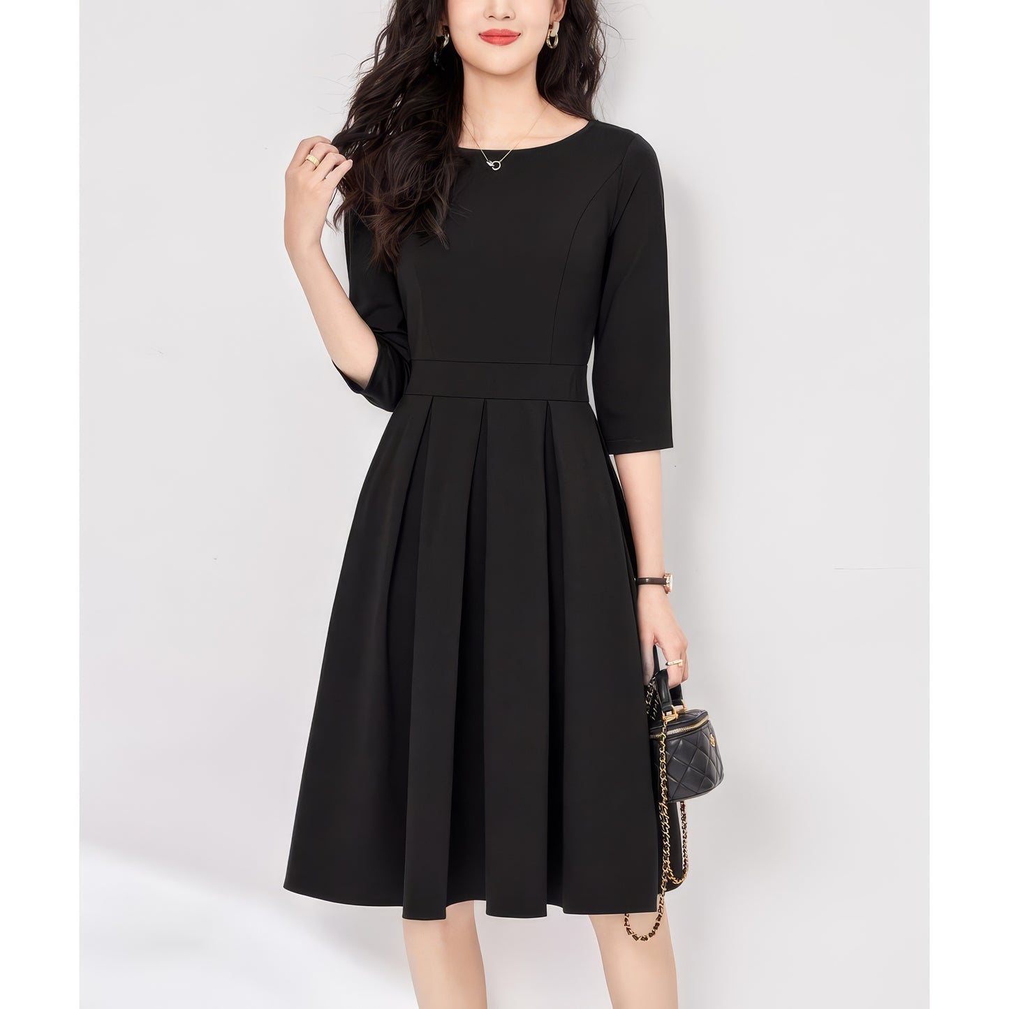 Pleated Waist Black Flare Dress