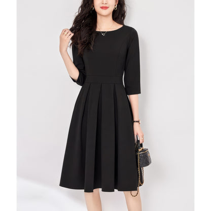 Pleated Waist Black Flare Dress