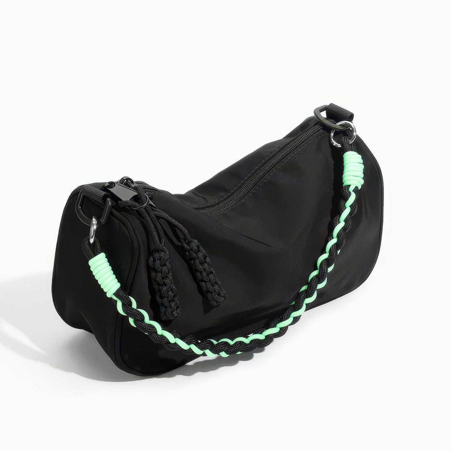 Two-Tone Rope Strap Black Nylon Shoulder Bag