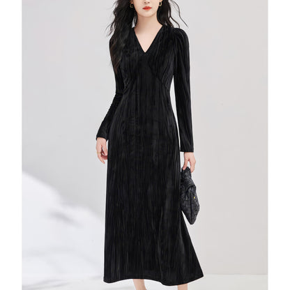 Velvet V-Neck Long Sleeve Maxi Dress