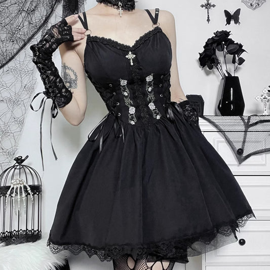 Black Lace-Up Corset Dress