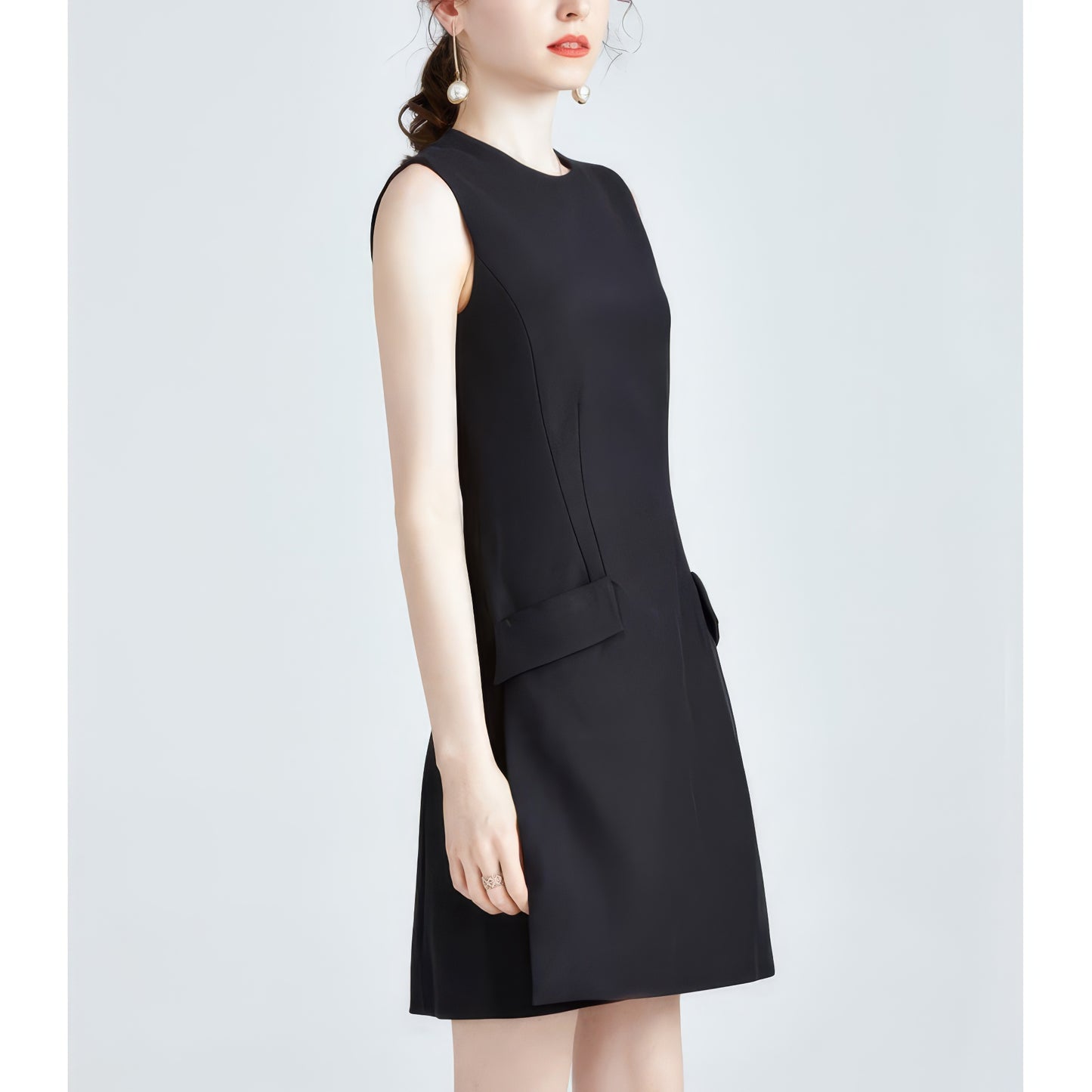 Sleeveless Flap Pocket Black Mini Dress
