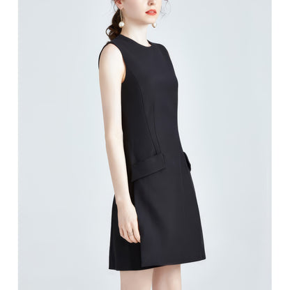 Sleeveless Flap Pocket Black Mini Dress