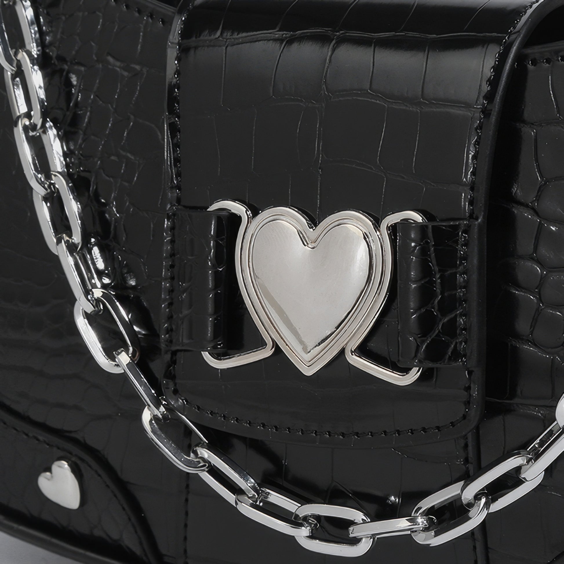 Heart Buckle Croc-Embossed Shoulder Bag