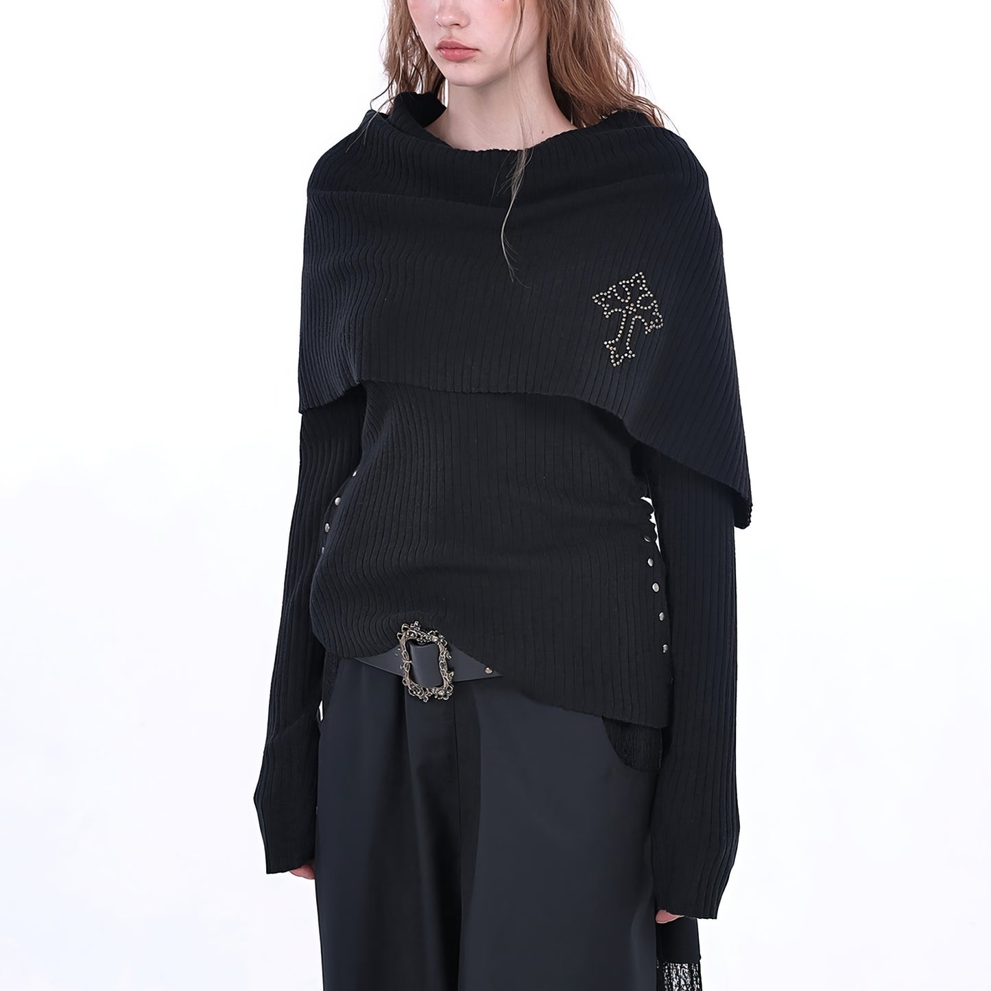 Off Shoulder Layered Knit Top with Studded Cross