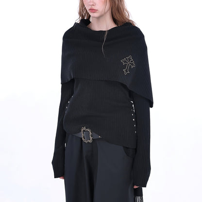 Off Shoulder Layered Knit Top with Studded Cross