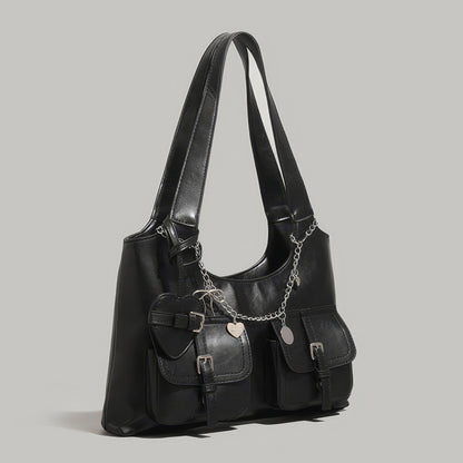 Chain Accent Buckle Pocket Faux Leather Shoulder Bag