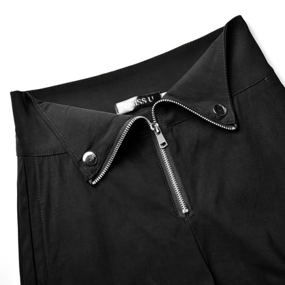 Front Zip V-Waist Ruched Black Shorts