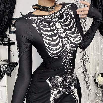 Skeleton Print Long Sleeve Maxi Dress