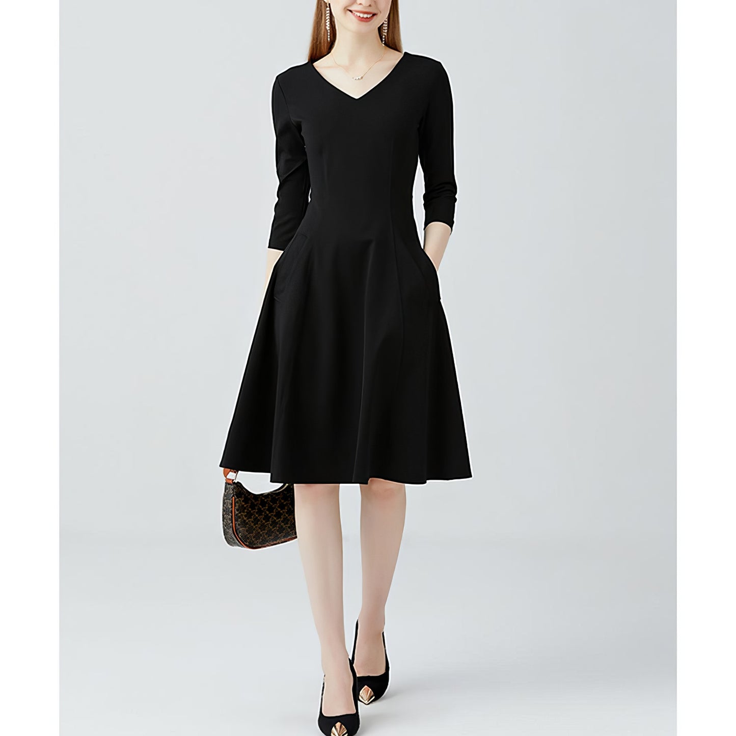 V-Neck Three-Quarter Sleeve Black Midi Dress