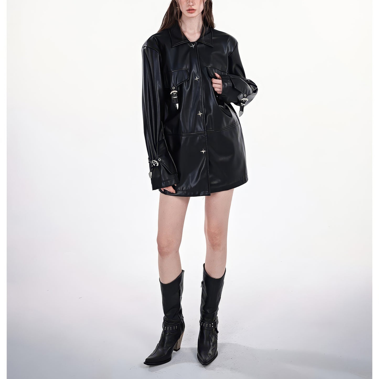 Star Rivet Faux Leather Oversized Jacket