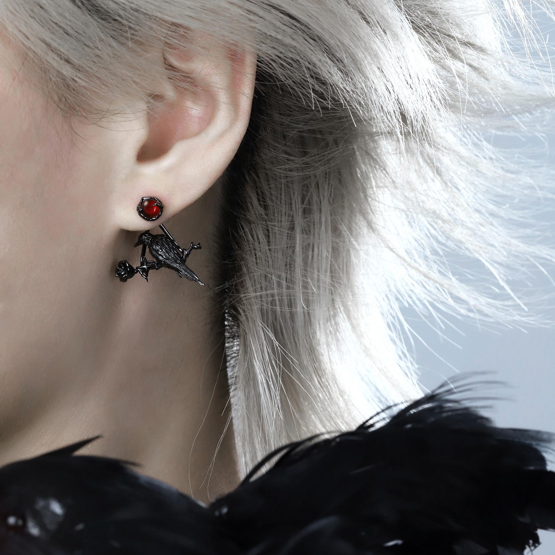 Red Gem Raven Rose Earrings