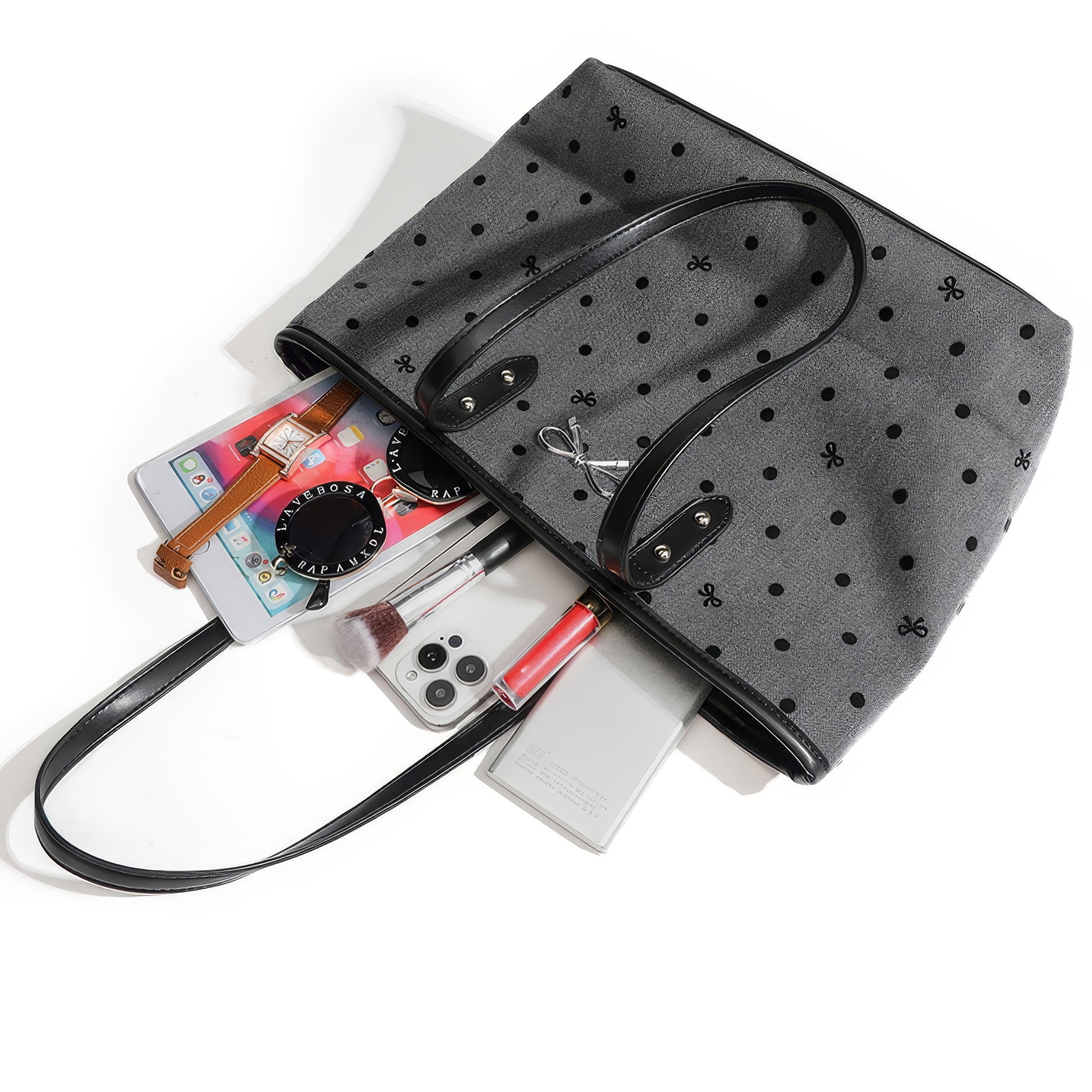 Reversible Dot Embroidery Bow Tote Bag