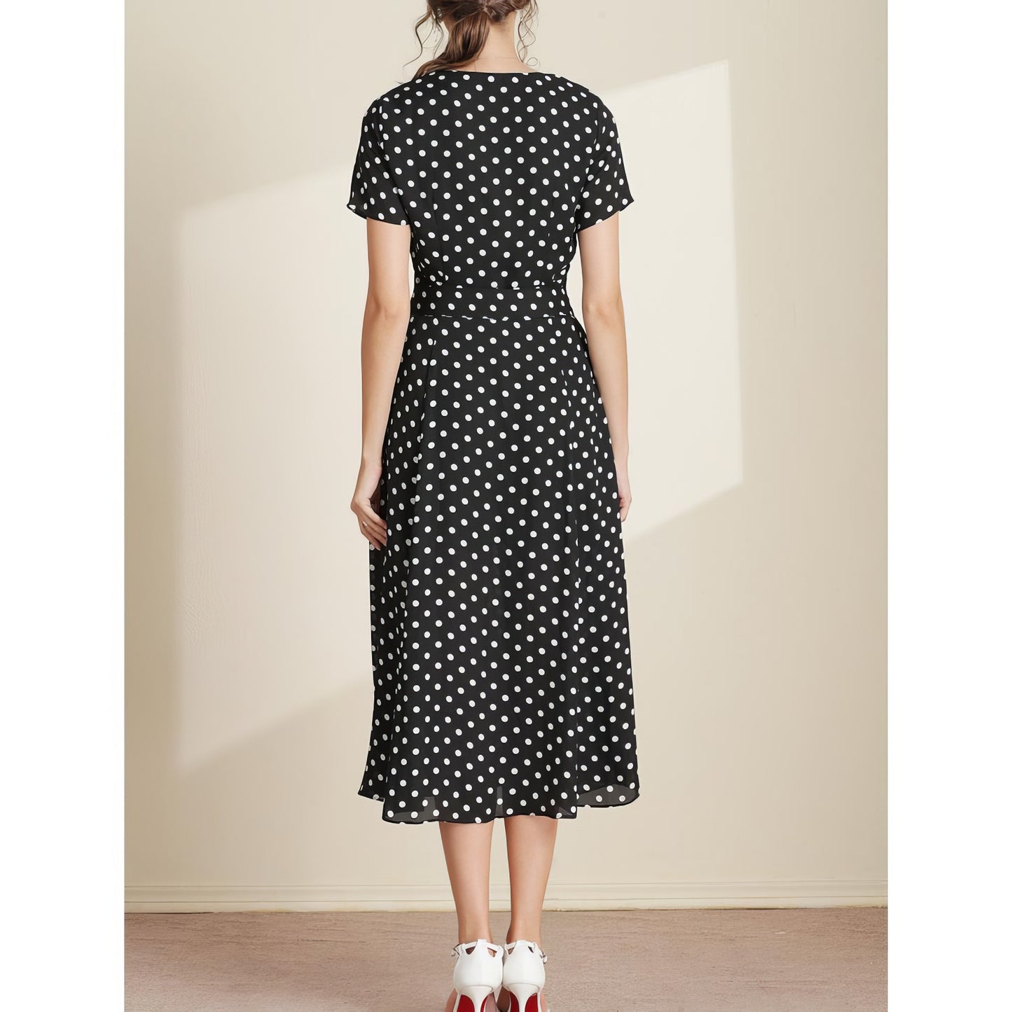 Polka Dot V-Neck Tie Waist Midi Dress