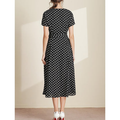 Polka Dot V-Neck Tie Waist Midi Dress