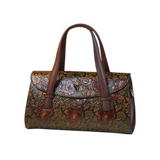 Embossed Burgundy Floral Flap Handle Bag