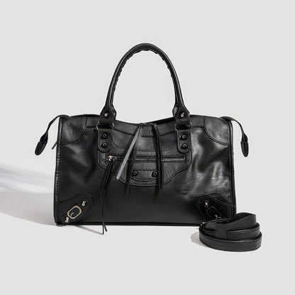 Textured Zip Accent Black Shoulder Bag
