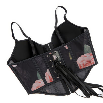 Mesh Rose Print Bustier Corset Top