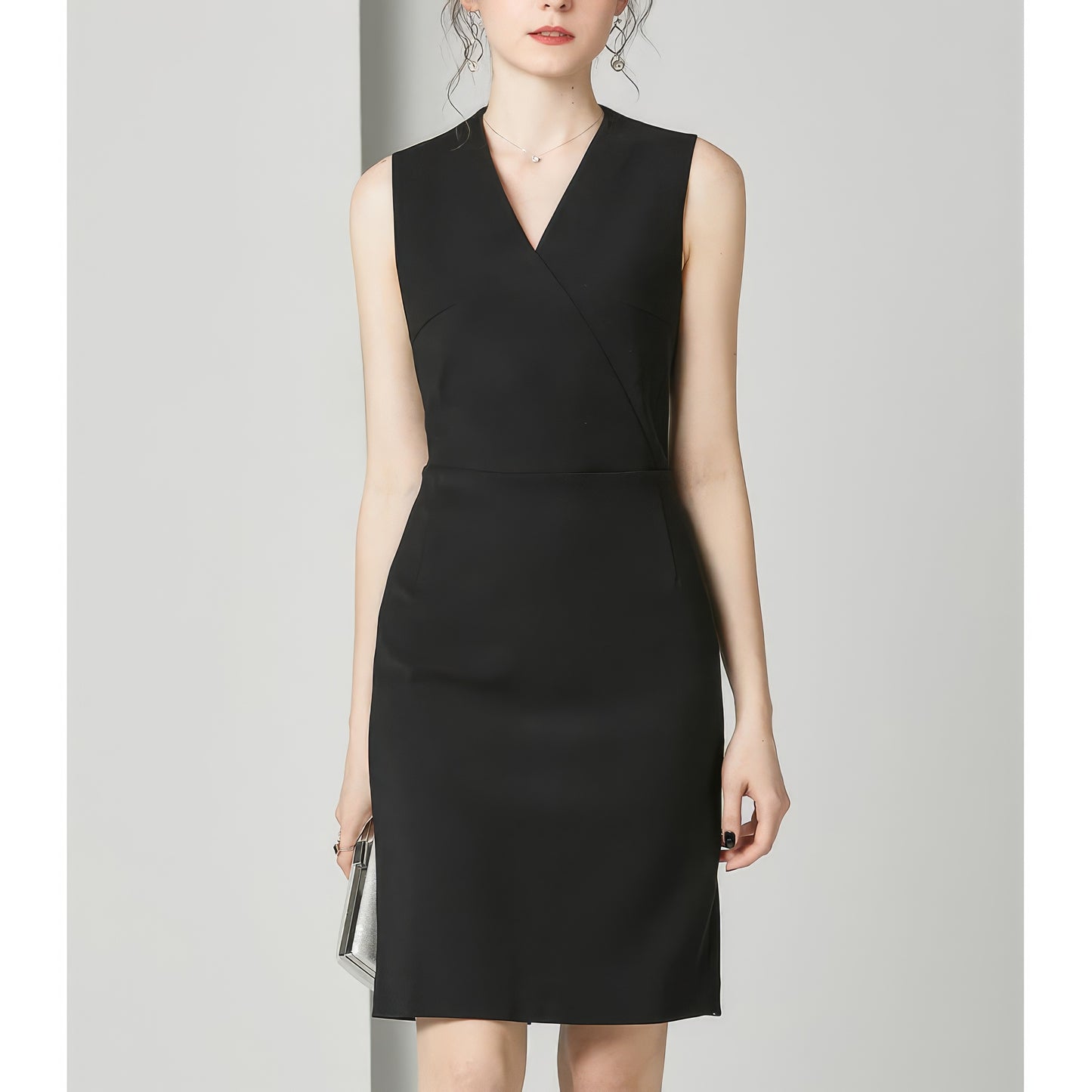 Sleeveless Wrap V-Neck Black Pencil Dress