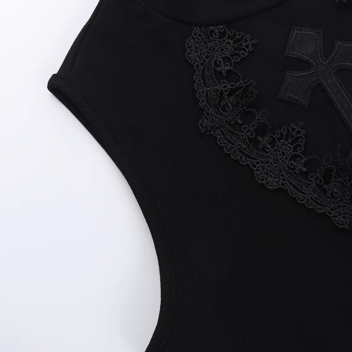 Sheer Cross Appliqué Sleeveless Top