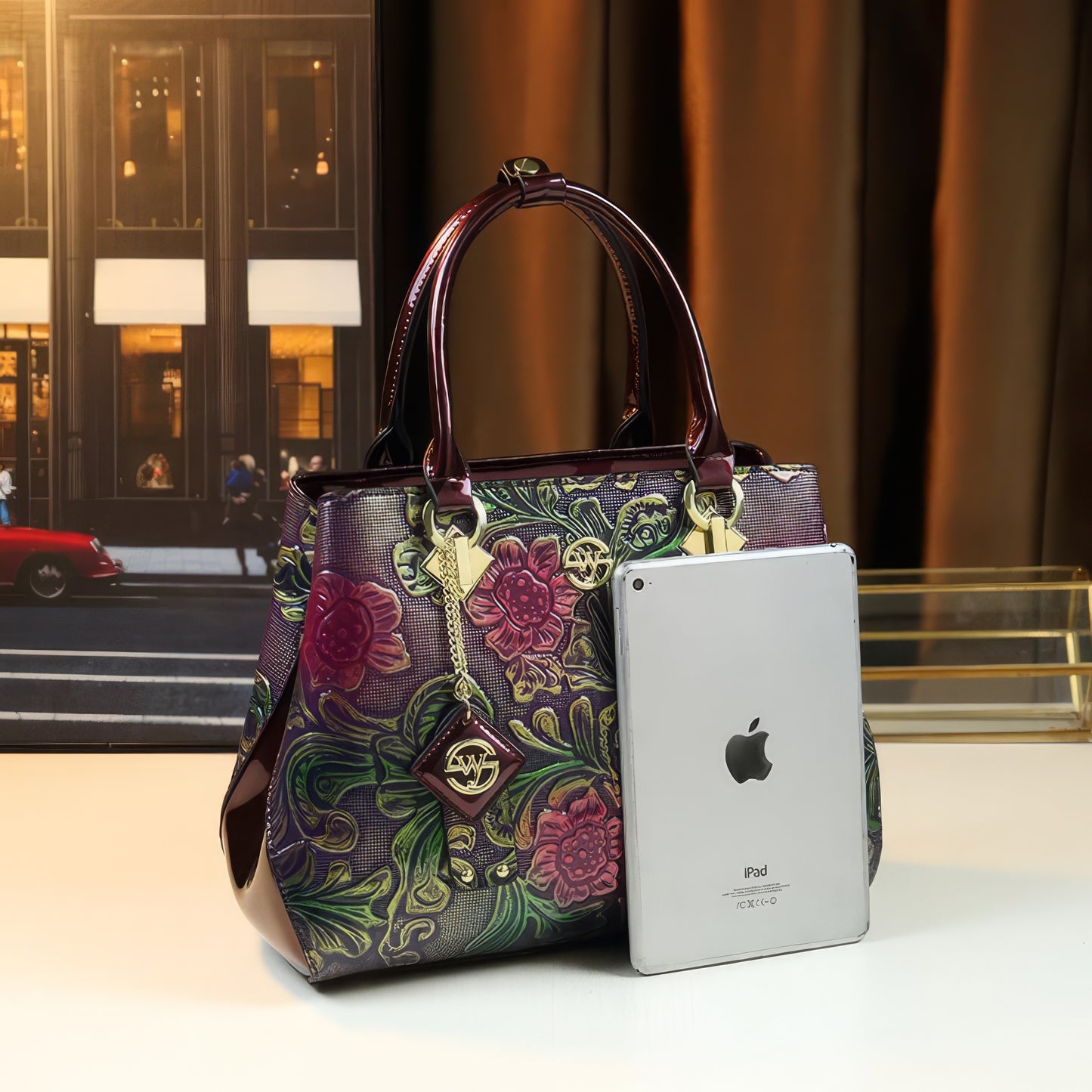 Purple Embossed Floral Patent Tote Bag