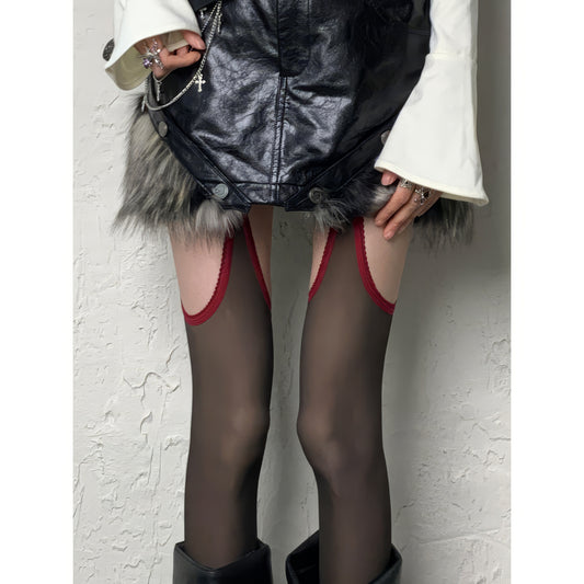 Red Trim Faux Garter Sheer Tights
