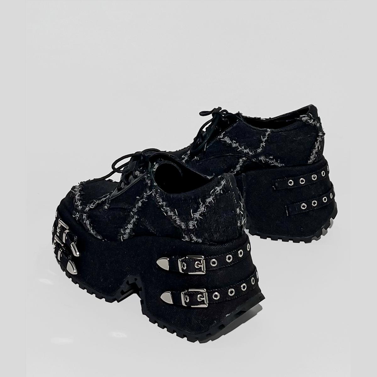 Black Distressed Buckle Platform Shoes
