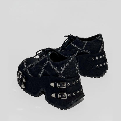Black Distressed Buckle Platform Shoes