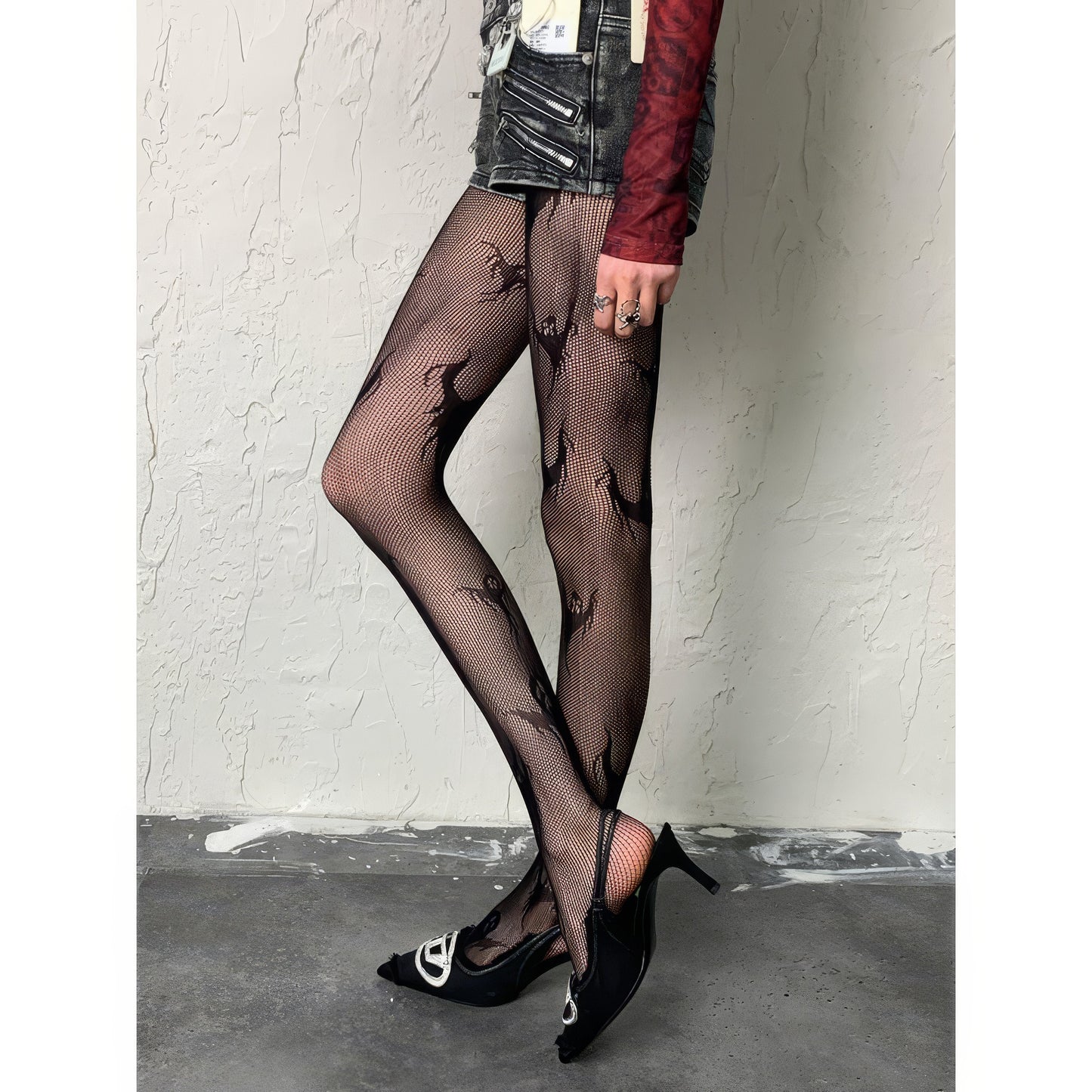 Ghost Motif Mesh Tights