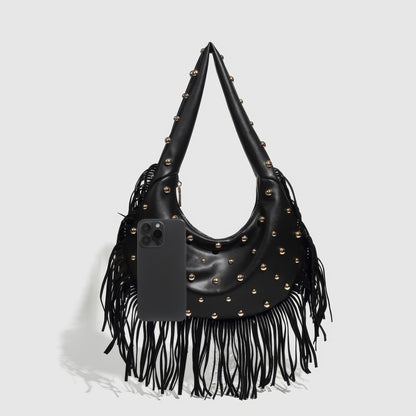 Fringed Studded Crescent Shoulder Bag