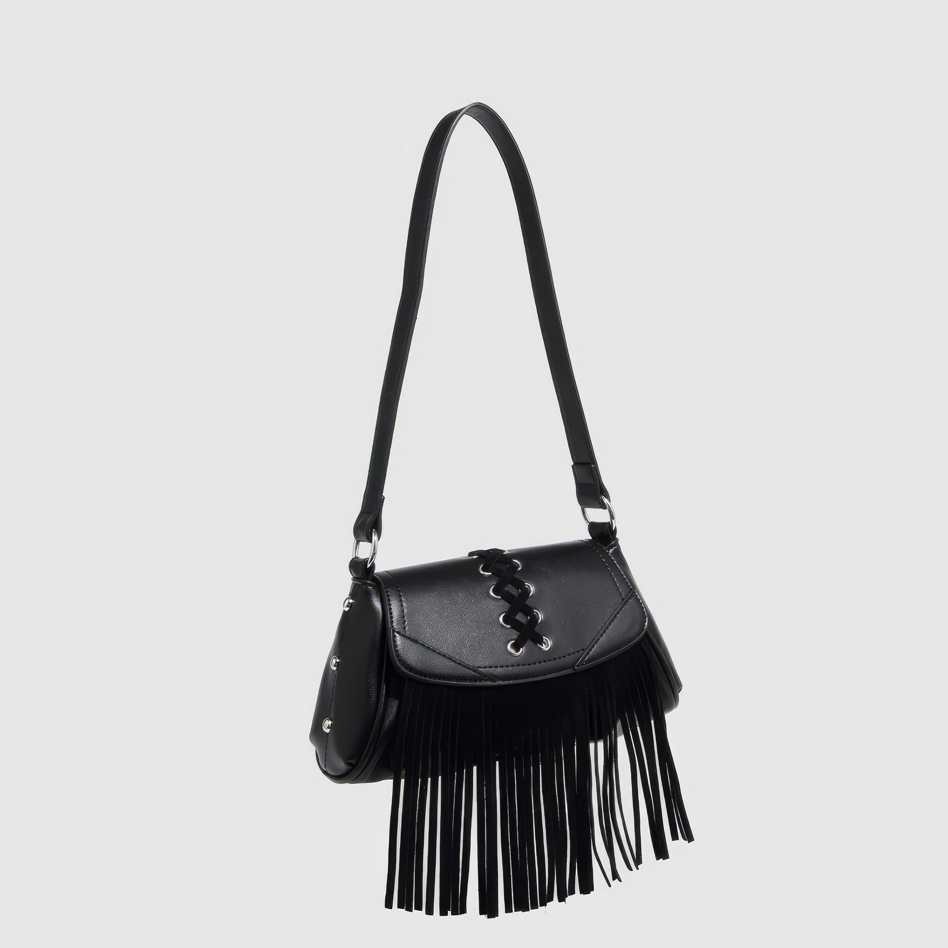 Lace-Up Fringe Flap Shoulder Bag