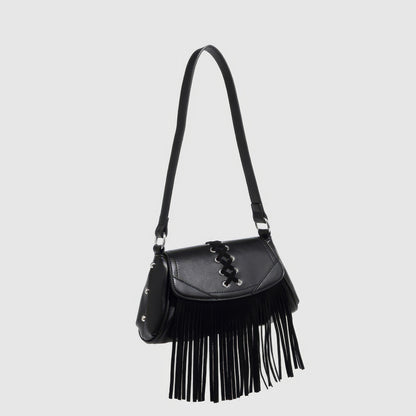 Lace-Up Fringe Flap Shoulder Bag